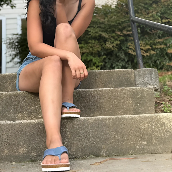 Denim Upper, Chocolate Suede Footbed – denim and suede flip-flops for everyday wear