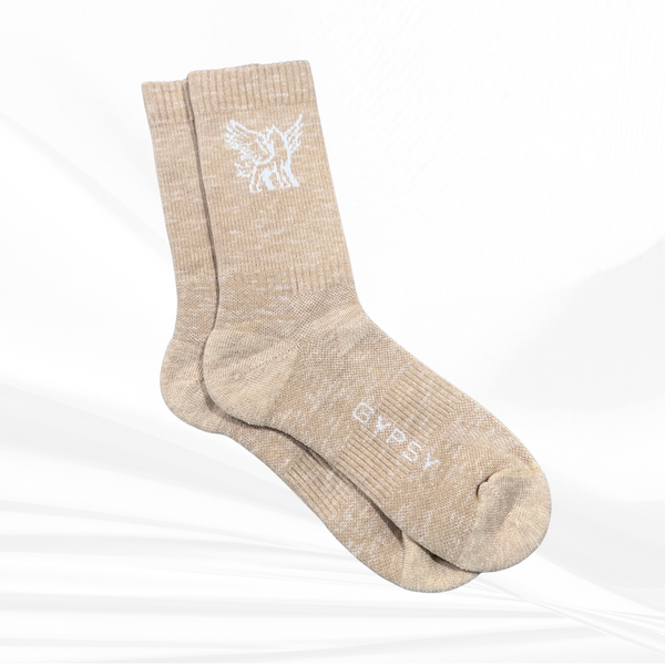 mid-calf length khaki color sandal slide hiking boot socks