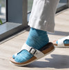 blue wool socks made for sandals and flipflops
